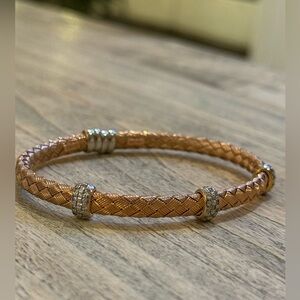 Sparkling Rose Gold and Silver 925 Braided Bangle Bracelet with CZ Accents NWT